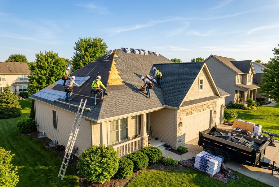 Roof & Nail roof replacement in progress in Walls